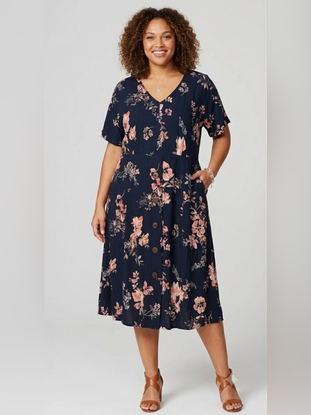 {J. Jill} Navy Blue Dolman Sleeve Floral V Neck pocket Midi Dress a-line